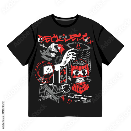 Black streetwear t-shirt with bold graphic design featuring reckless text, mask, smiley, and abstract art