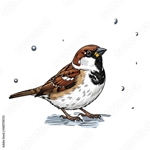 Illustration of sparrow perched on a rock, detailed illustration, soft focus background with floating particles, isolated on transparent background
