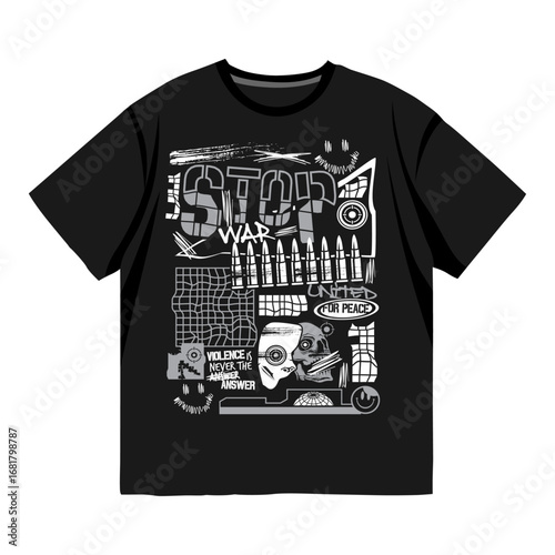 Black streetwear t-shirt with bold anti-war graphic design featuring stop war text, skull, bullets, and abstract art