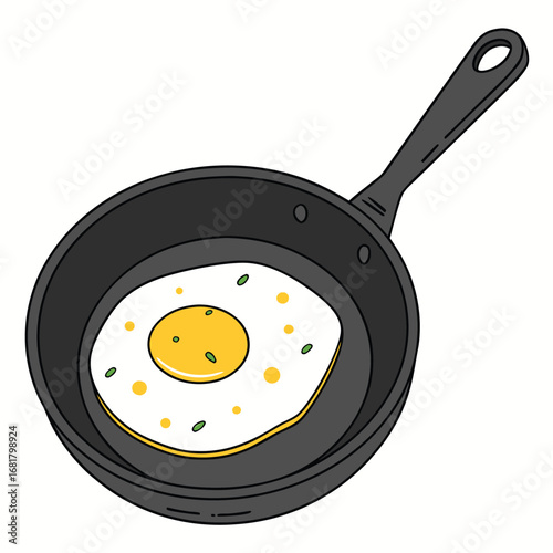 Vector art of a sunnyside up fried egg cooking in a black frying pan, isolated on a