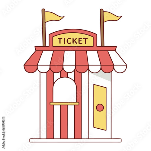 Vector art of a colorful ticket booth with red and white stripes and yellow flags
