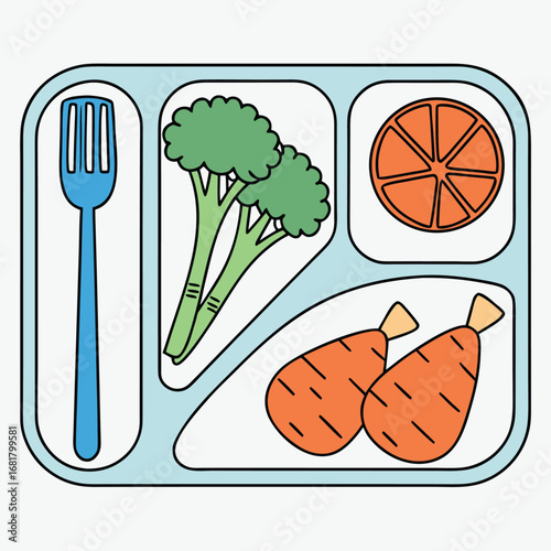 Vector art of healthy lunch tray with broccoli, carrots, and orange slice