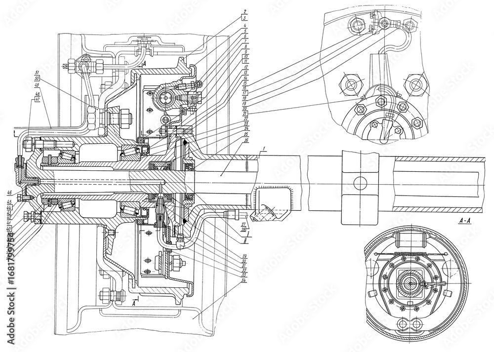 Obraz premium Rear axle of truck. Engineering automotive assembly mechanical drawing of steel device on paper sheet. Industrial cad scheme. Technology design of machine building industry. Machined template.