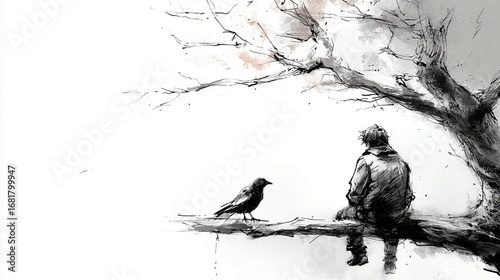 A lone figure sits quietly beside a crow.