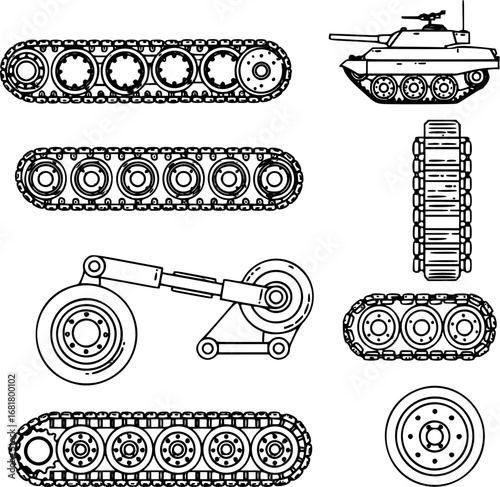 Tank Tracks Icons. Outline icon set of tank tracks and mobility: continuous track, suspension system, road wheel, idler wheel,
