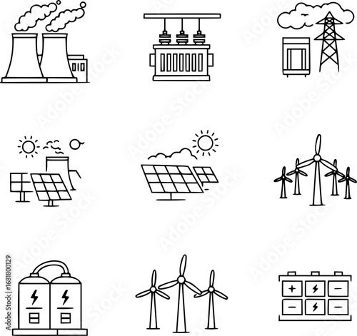 Energy Icons Set. Outline icon set of energy hubs: power plant, transformer station, solar farm, wind turbine hub, battery storage
