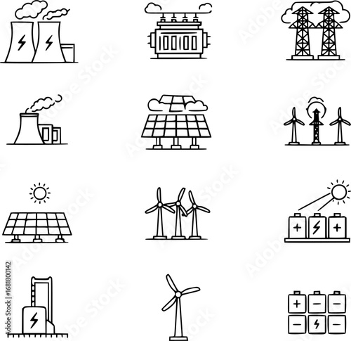 Energy Icons Set. Outline icon set of energy hubs: power plant, transformer station, solar farm, wind turbine hub, battery storage
