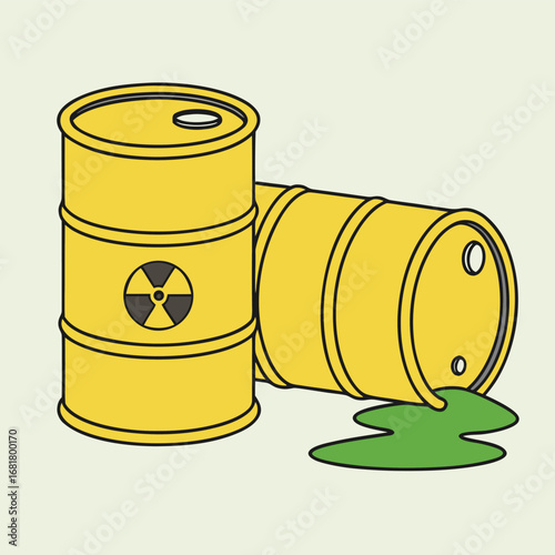 Vector art of two yellow radioactive waste barrels, one upright with a radiation symbol, the other tipped over leaking green toxic liquid