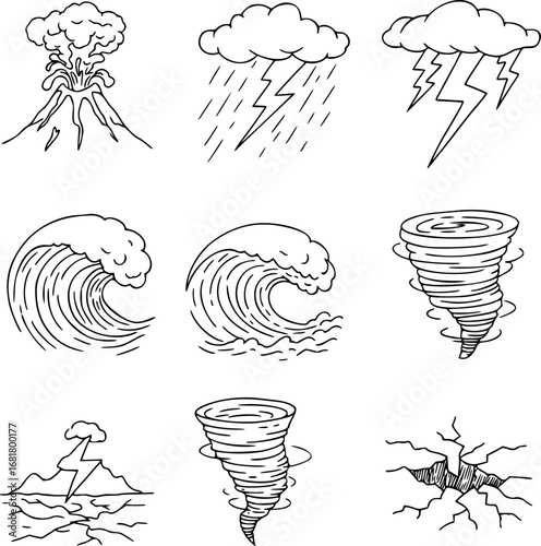 Natural Disasters Icons. Outline icon set of natural unrest: volcanic eruption, tsunami wave, tornado, lightning bolt, earthquake
