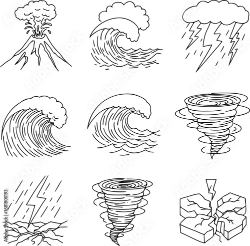 Natural Disasters Icons. Outline icon set of natural unrest: volcanic eruption, tsunami wave, tornado, lightning bolt, earthquake
