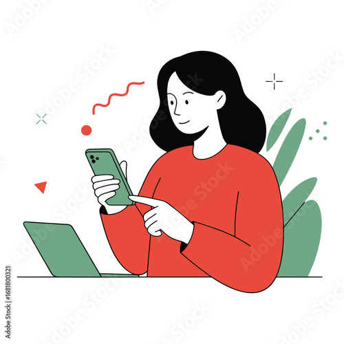 Woman using smartphone and laptop for modern digital lifestyle vector illustration