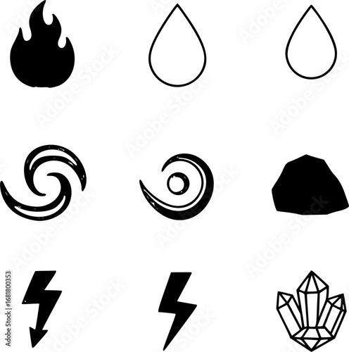 Elemental Spell Icons. Outline icon set of elemental spells: fire flame, water droplet, earth rock, air swirl, lightning bolt, ice
