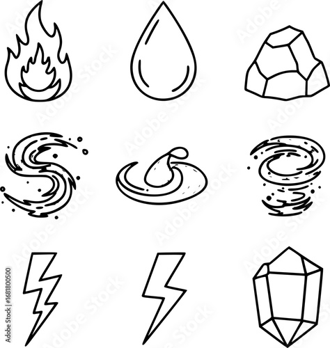 Natural Disasters Icons. Outline icon set of natural unrest: volcanic eruption, tsunami wave, tornado, lightning bolt, earthquake
