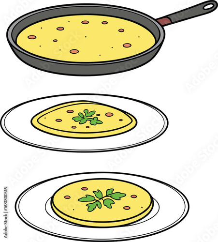 Vector art of a frying pan with food and two plates with food