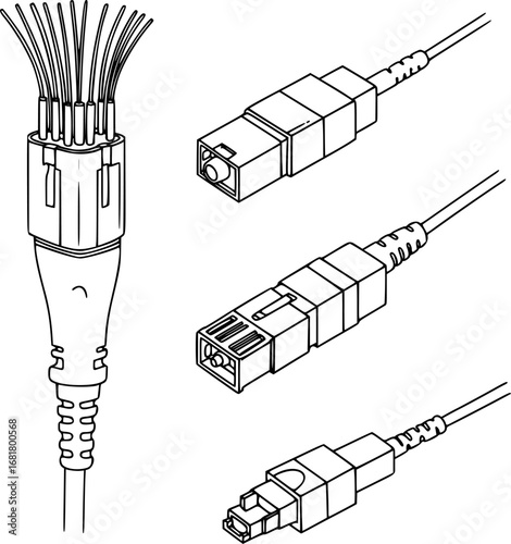 Fiber Optic Icons. Outline icon set of fiber optic cables: single-mode fiber connector, multimode fiber connector, fiber patch
