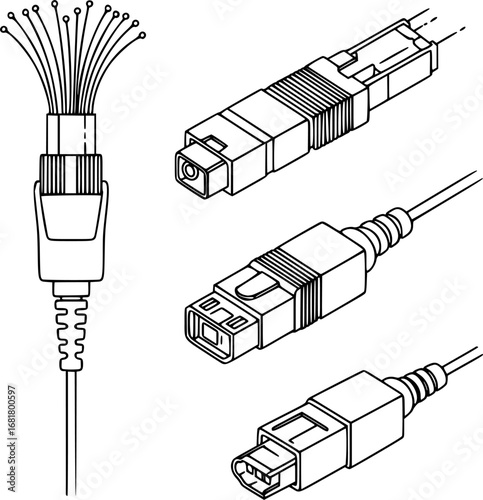 Fiber Optic Icons. Outline icon set of fiber optic cables: single-mode fiber connector, multimode fiber connector, fiber patch
