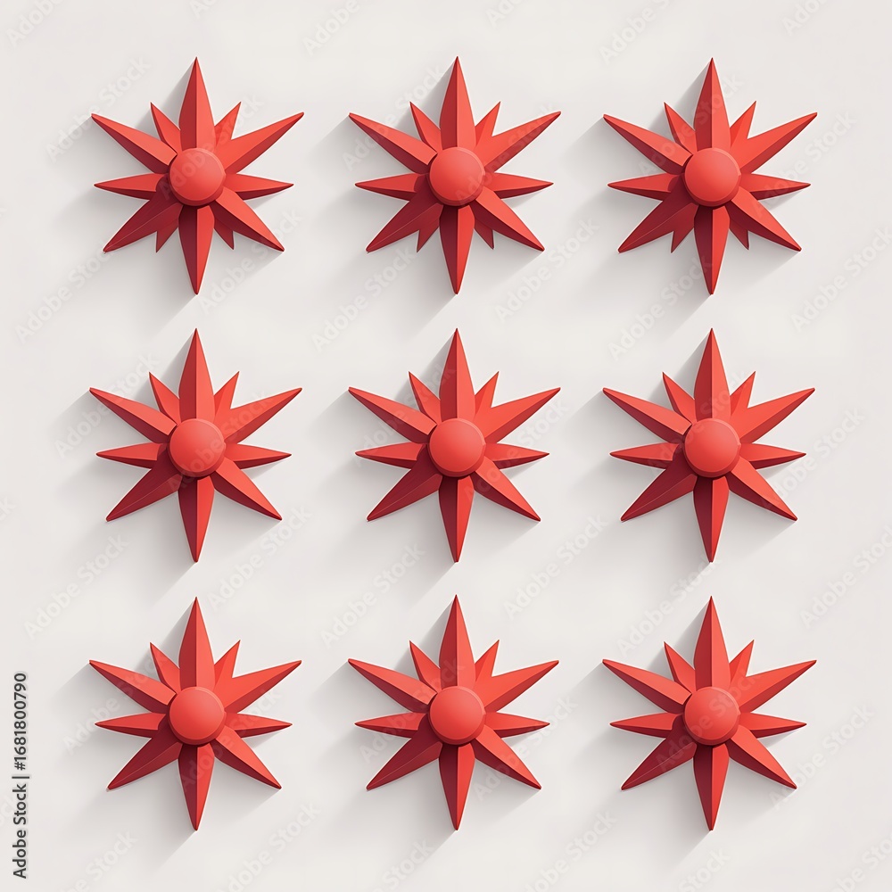 Obraz premium Nine Red Star Ornaments Arranged on a White Background Still Life