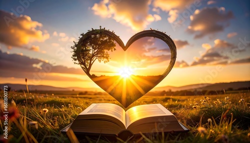 A heart-shaped opening in a book reveals a serene sunset landscape, filled with golden light and a solitary tree.