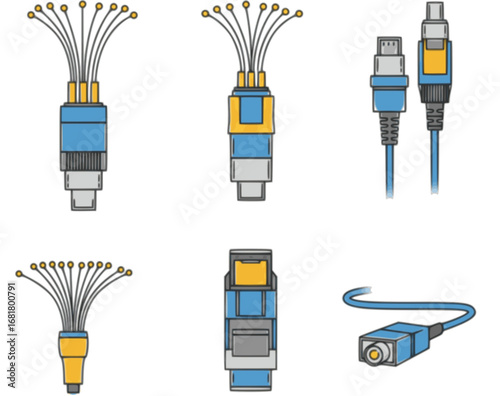 Fiber Optic Icons. Outline icon set of fiber optic cables: single-mode fiber connector, multimode fiber connector, fiber patch
