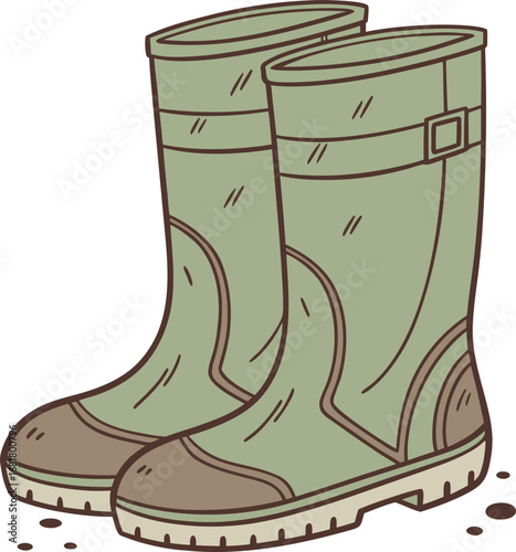 Vector art of a pair of green rubber boots with a buckle detail, perfect for gardening or rainy days
