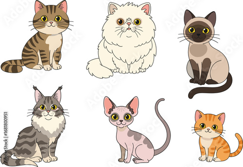 Cartoon cat breeds vector set, cute kittens clipart, adorable feline illustration, playful pet cats collection, domestic animals drawing, flat style design