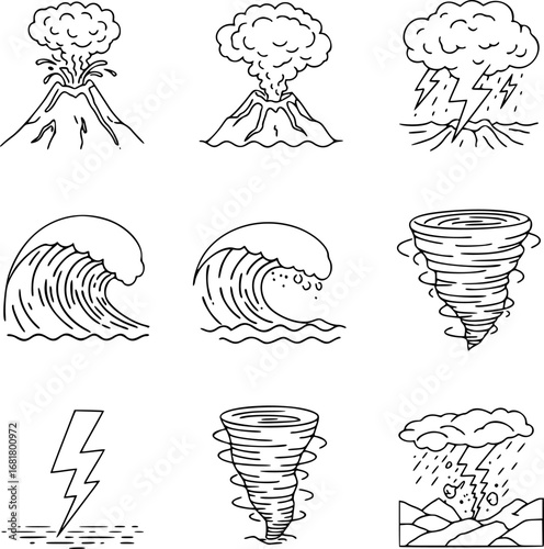 Natural Disasters Icons. Outline icon set of natural unrest: volcanic eruption, tsunami wave, tornado, lightning bolt, earthquake

