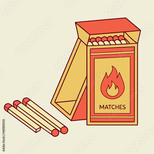 Vector art of a box of matches with three loose matches in front of it, isolated on a light background