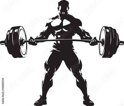 Powerful Lifter with Heavy Barbell in Black and White Silhouette Vector Illustration

