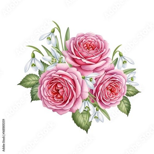 Beautiful spring bouquet of pink cabbage roses and snowdrops. Elegant floral illustration for romantic events. Realistic hand-painted flower arrangement for wedding invitations.