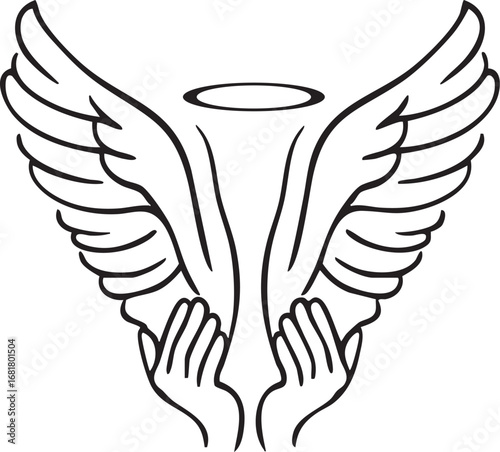 Graceful Angel Wings with Holy Halo and Praying Hands Vector Art

