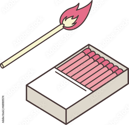 Vector art of a lit matchstick with a flame and a box of matches, isolated on a