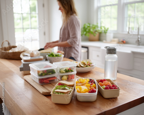 Freshly prepared meal prep containers filled with vegetables, fruits, and sandwiches on wooden table with woman cooking in background