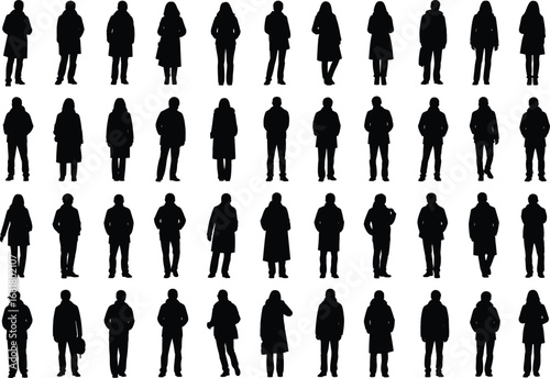 Silhouettes of people standing wearing coats and backpacks, various poses, isolated on white background, urban lifestyle and fashion collection.