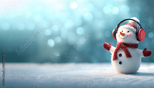 A funny snowman wearing a hat and headphones is enjoying winter music! This is the perfect image for Christmas cards, holiday advertisements, and winter projects.