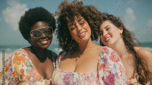 Three plus-size women having fun at beach. black woman with afro hairstyle and sunglasses, white woman wearing a dress, third person brunette, summer outfit. Body acceptance theme, female friends toge