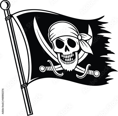 Vector art of jolly roger pirate flag with skull and crossbones and swords