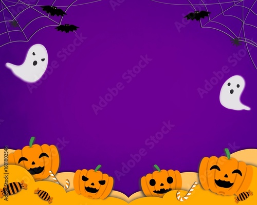halloween background with pumpkin, ghost and halloween symbol with paper cutting decoration in cartoon style