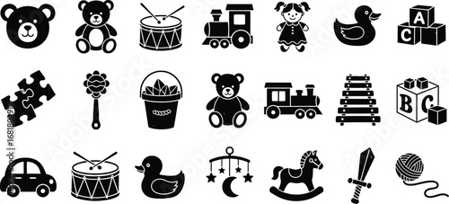 Toys vector illustration set teddy bear train drum and blocks design