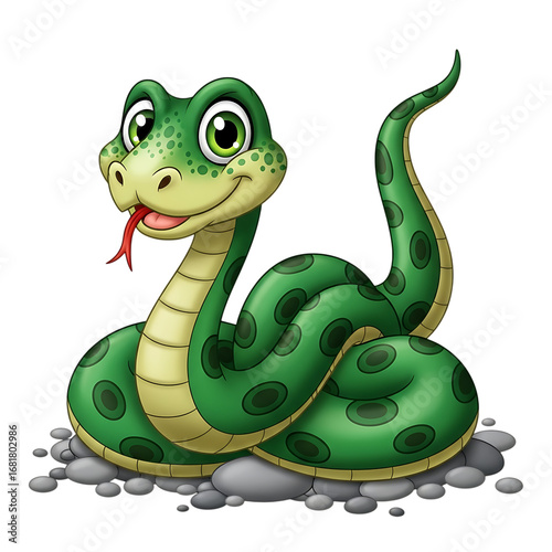Illustration of a friendly, smiling green cartoon snake with big eyes and a forked tongue, coiled on a bed of pebbles, isolated on a transparent background