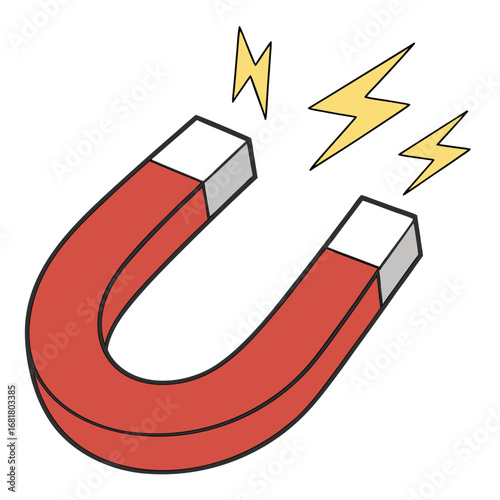 Vector art of a red horseshoe magnet with yellow lightning bolts indicating magnetic force