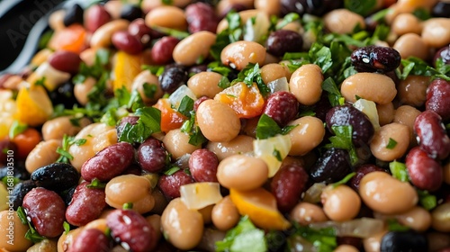 Close-up View of a Mixed Bean Salad with Herbs and Vegetables