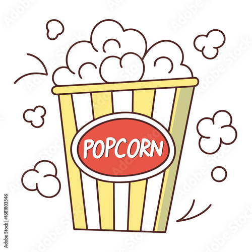 Vector art of a stylized illustration of a bucket of popcorn with the word popcorn on it, surrounded by puffs of smoke