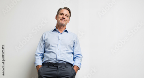 Portrait of a smiling businessman standing confidently with hands in pockets against a clean white background showcasing professionalism and approachable demeanor for business e-commerce needs