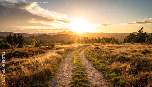 Un camino solitario en un paisaje natural, iluminado por luz cálida al atardecer, transmitiendo sensación de tránsito, ausencia y esperanza