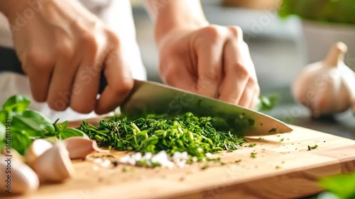 Hands chopping herbs and garlic