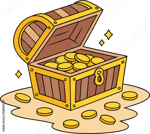 Vector art of an open treasure chest overflowing with gold coins, spilling onto a sandy surface