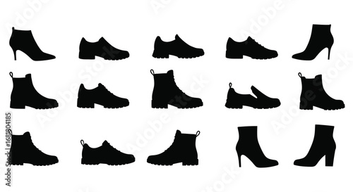 Collection of various black high heel and flat shoe silhouettes for design
