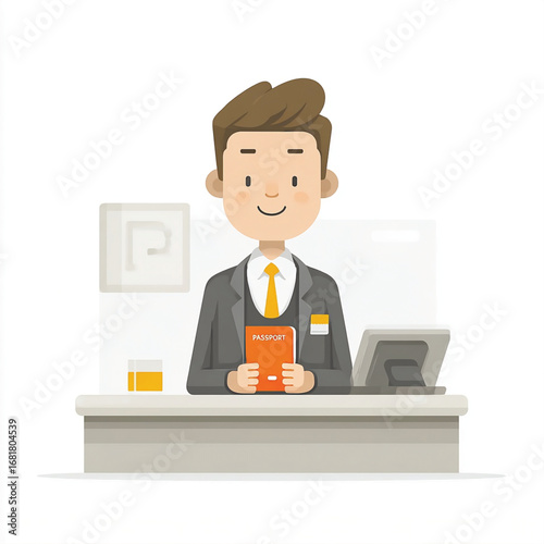 Flat vector illustration of airport passport control officer holding passport at desk. Vector illustration
