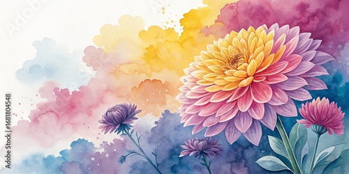 Watercolor Dahlia and Aster Floral Composition Vibrant Hues, Botanical Art, Flower Painting,Dahlia, Aster