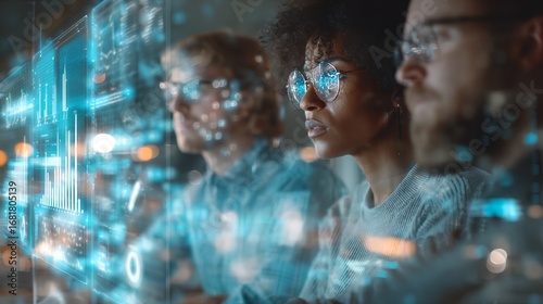 Wallpaper Mural Three people are looking at a computer screen with a blue background Torontodigital.ca
